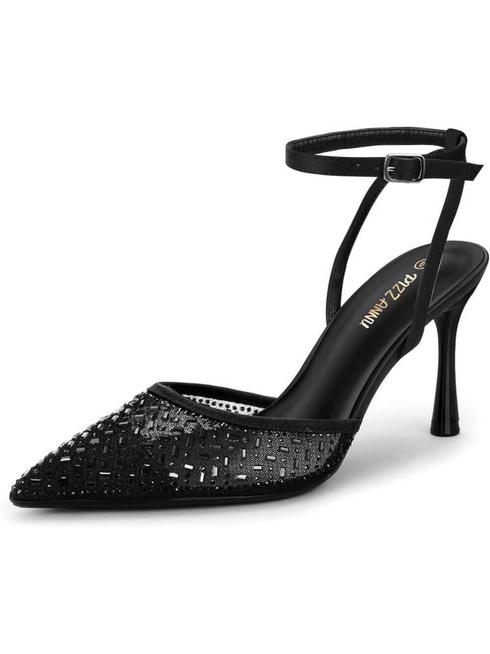 Women's Black Faux Leather Mesh Sparkly Closed Toes Heels With Ankle Strap